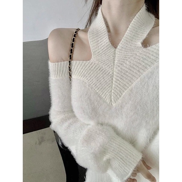 Áo len trễ vai lông thỏ tiểu thư choker trắng oversize loại 1-video thật | BigBuy360 - bigbuy360.vn