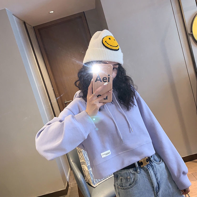 Áo hoodie RENJIANVSHENG 198526 dáng ngắn tay dài màu trơn phong cách đơn giản đi học thời trang dành cho nữ