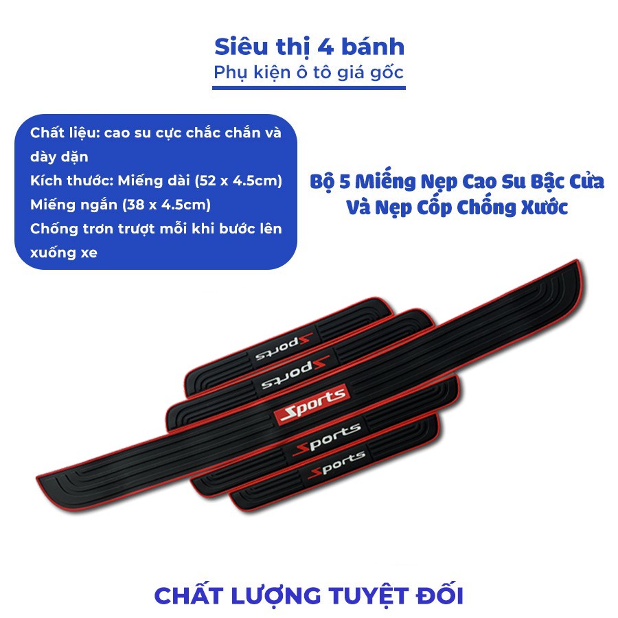 Bộ 5 miếng nẹp cao su bậc cửa và nẹp cốp chống xước bậc cửa ô tô, xe hơi chữ Sports - Toyota - Hyundai - KiA - Honda