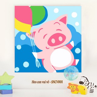 Tranh sơn dầu số hóa tự tô màu theo số có khung HEO CON VUI VẺ SNCV001 ( Tranh tô màu con heo cho bé dịp tết xuân )