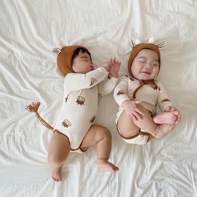 Bộ Áo Liền Quần Bằng Cotton Mềm Mại Tay Dài Kèm Nón Thời Trang Xuân Thu Cho Bé Trai Và Gái