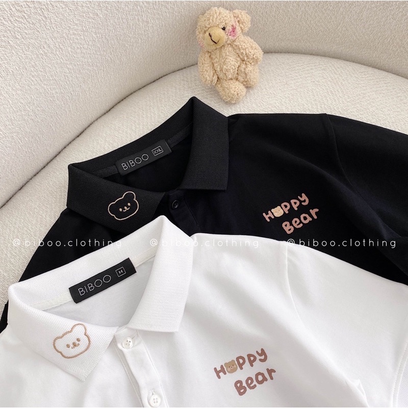 BIBOO - Áo polo có cổ tay ngắn form unisex nam nữ HAPPY BEAR chất liệu cotton cao cấp