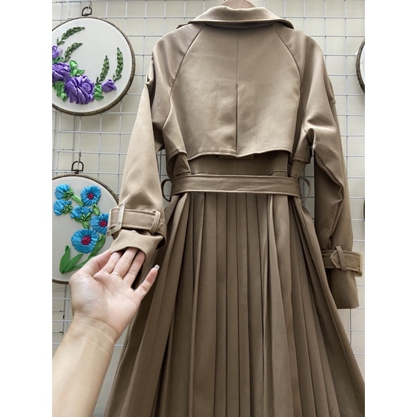 Áo mangto kaki dập ly sau dáng dài