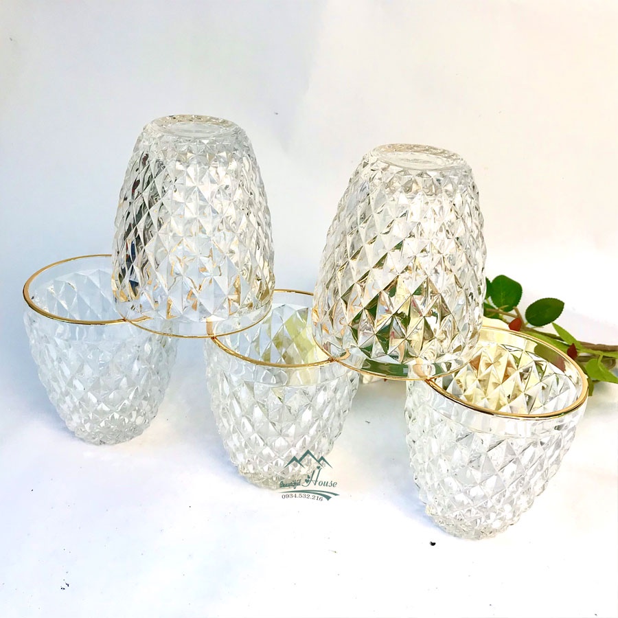 Ly Thủy Tinh Viền Vàng Họa Tiết Kim Cương Nổi - Cốc Thủy Tinh Uống Trà, Soda Cao Cấp