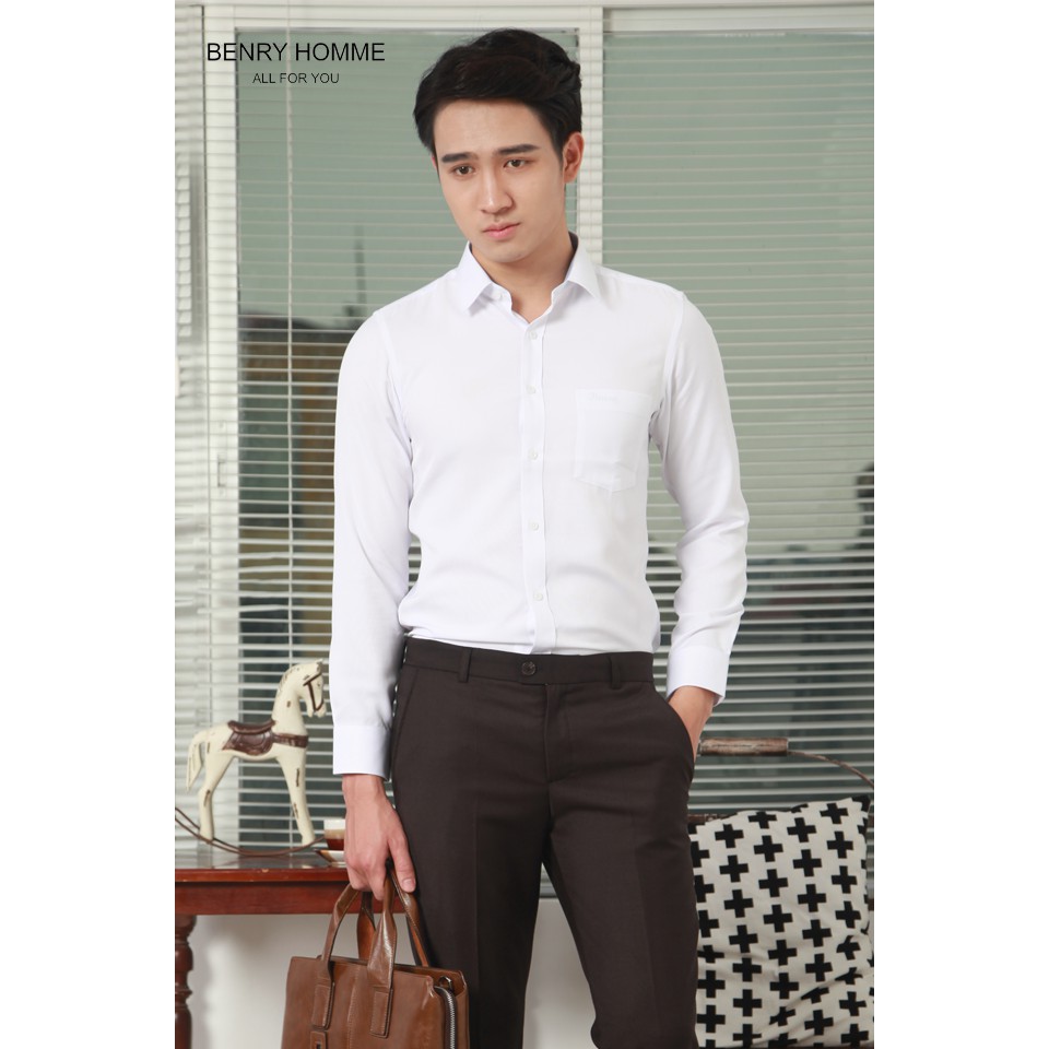 Áo sơ mi trắng Dài Tay Benry Homme, Mã áo SH1919, Chất liệu vải dệt từ Gỗ Tuyết Tùng Đỏ, Chống nhăn và mặc rất mát