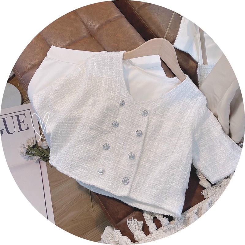 SET ÁO DẠ NÚT + CHÂN VÁY TRẮNG XẺ