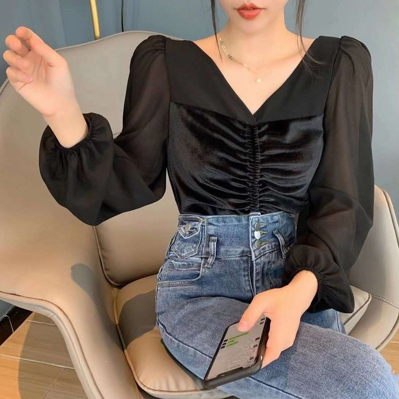 Áo Kiểu Vải Voan Tay Phồng Cổ Chữ V Phối Dây Rút Thời Trang Trẻ Trung | BigBuy360 - bigbuy360.vn