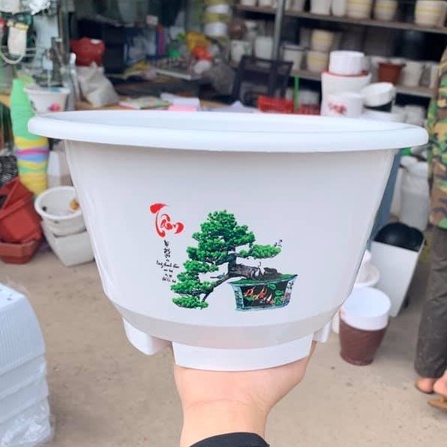 (38x23cm) Chậu nhựa tròn loe có chân in họa tiết hoa 3D siêu đẹp, dày dặn, không phai (LDM38)