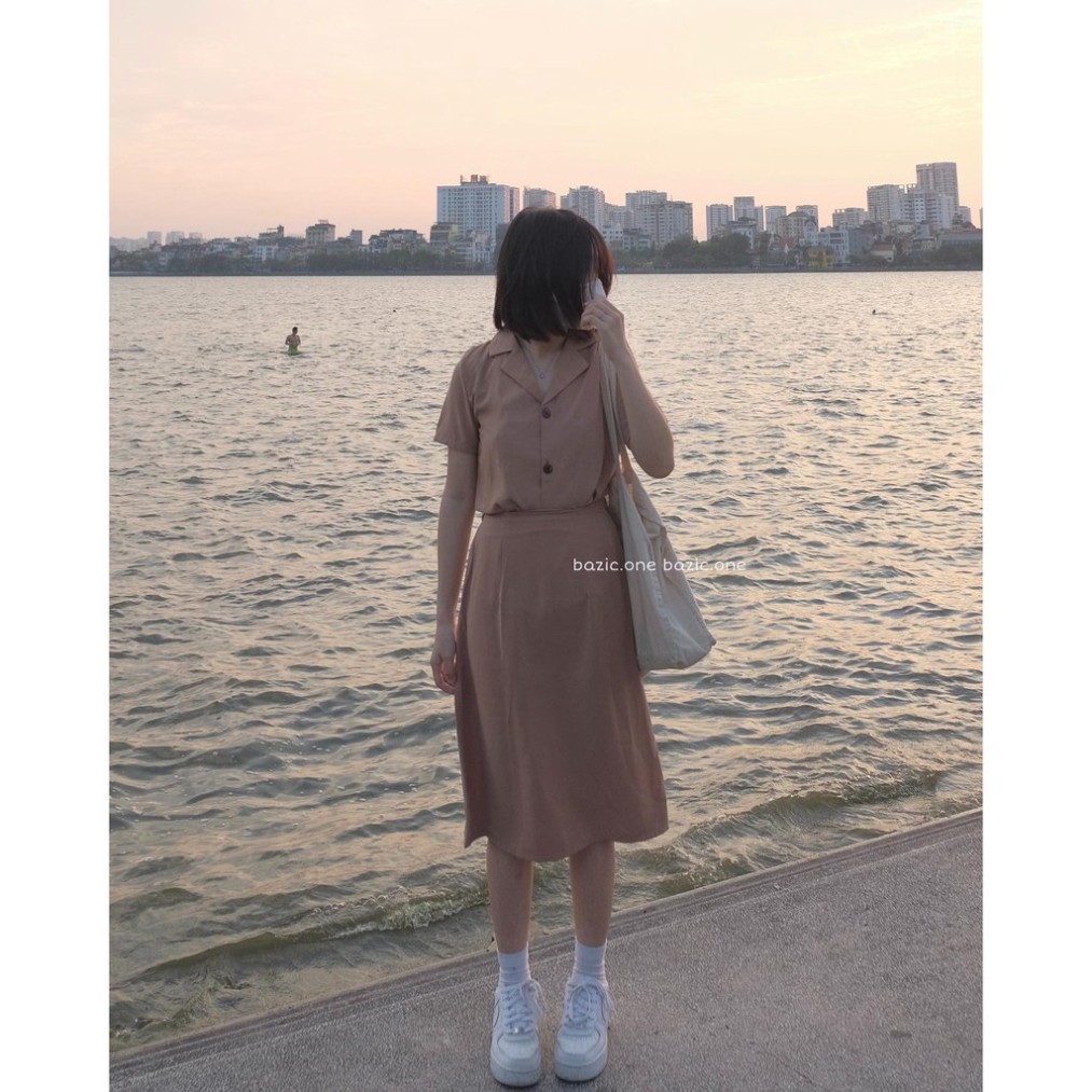 Set Áo Cổ Vest Mix Chân Váy Dài Midi Nude - Bộ đồ nữ thời trang mix sẵn Áo cổ vest + chân váy chữ A dài vintage Nâu Be �