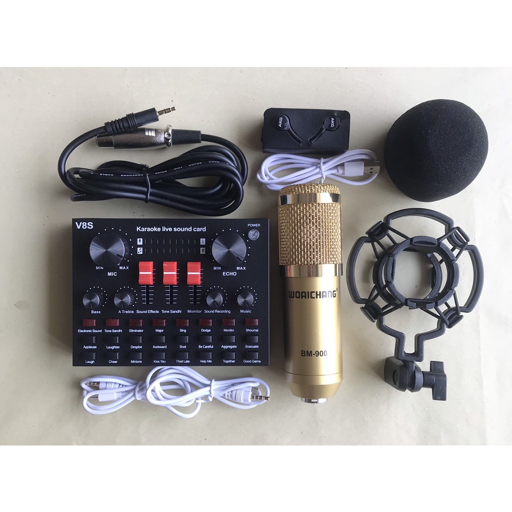 Bộ combo mic livestream hát karaoke online card V8 nâng cấp V8S có bluetooth autotune micro BM900 tặng tai nghe