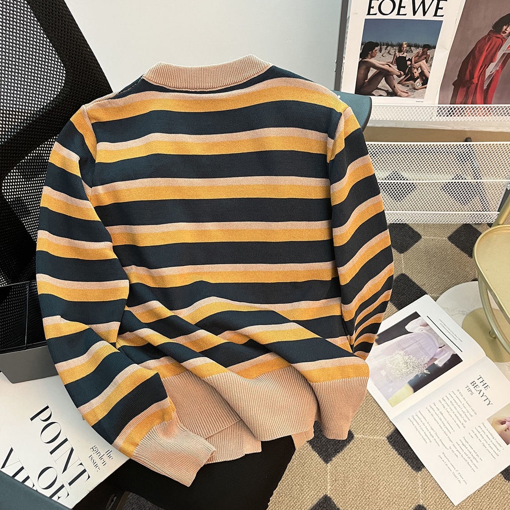 Áo Khoác Cardigan Dệt Kim Kẻ Sọc Màu Sắc Tương Phản Thời Trang Cho Nữ