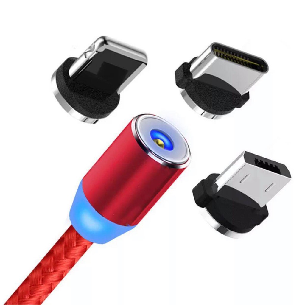 Cáp sạc nhanh nam châm 3 đầu (Iphone, MicroUSB, TypeC) có đèn báo xoay 360 độ