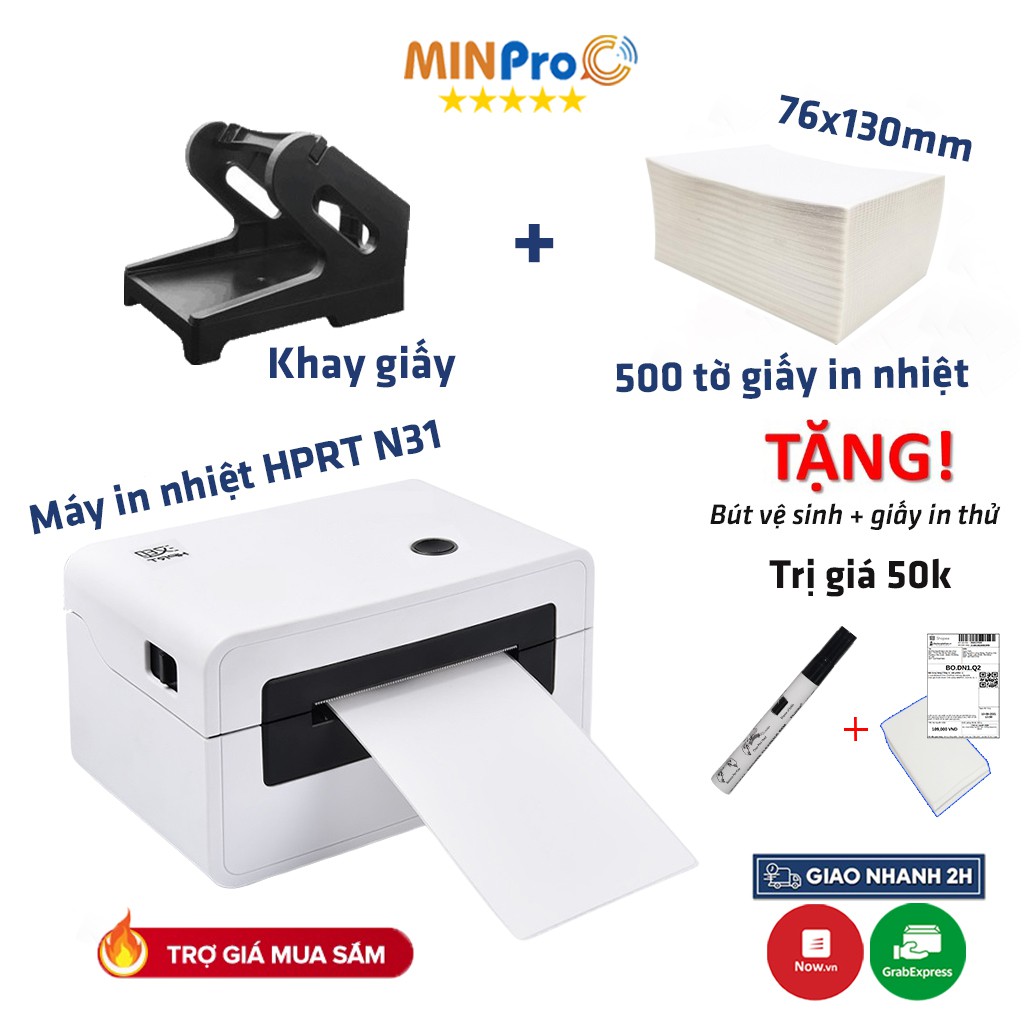 Máy in nhiệt mini HPRT N31 in đơn hàng TMĐT kèm khay và 1000 tờ giấy in nhiệt 76x130mm bảo hành 12 tháng