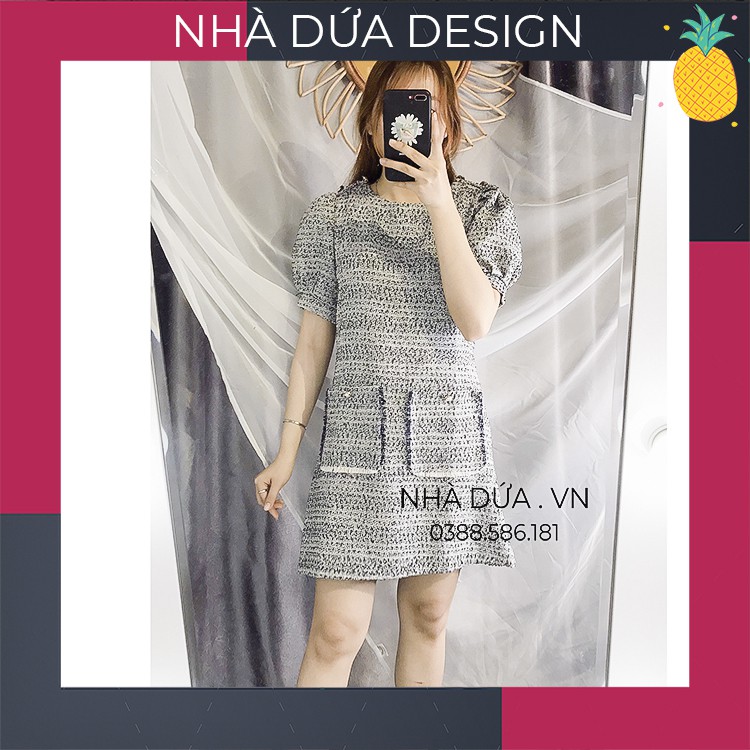 Váy dạ suông màu xanh - đầm vải tweed xuông thanh lịch Nhà Dứa