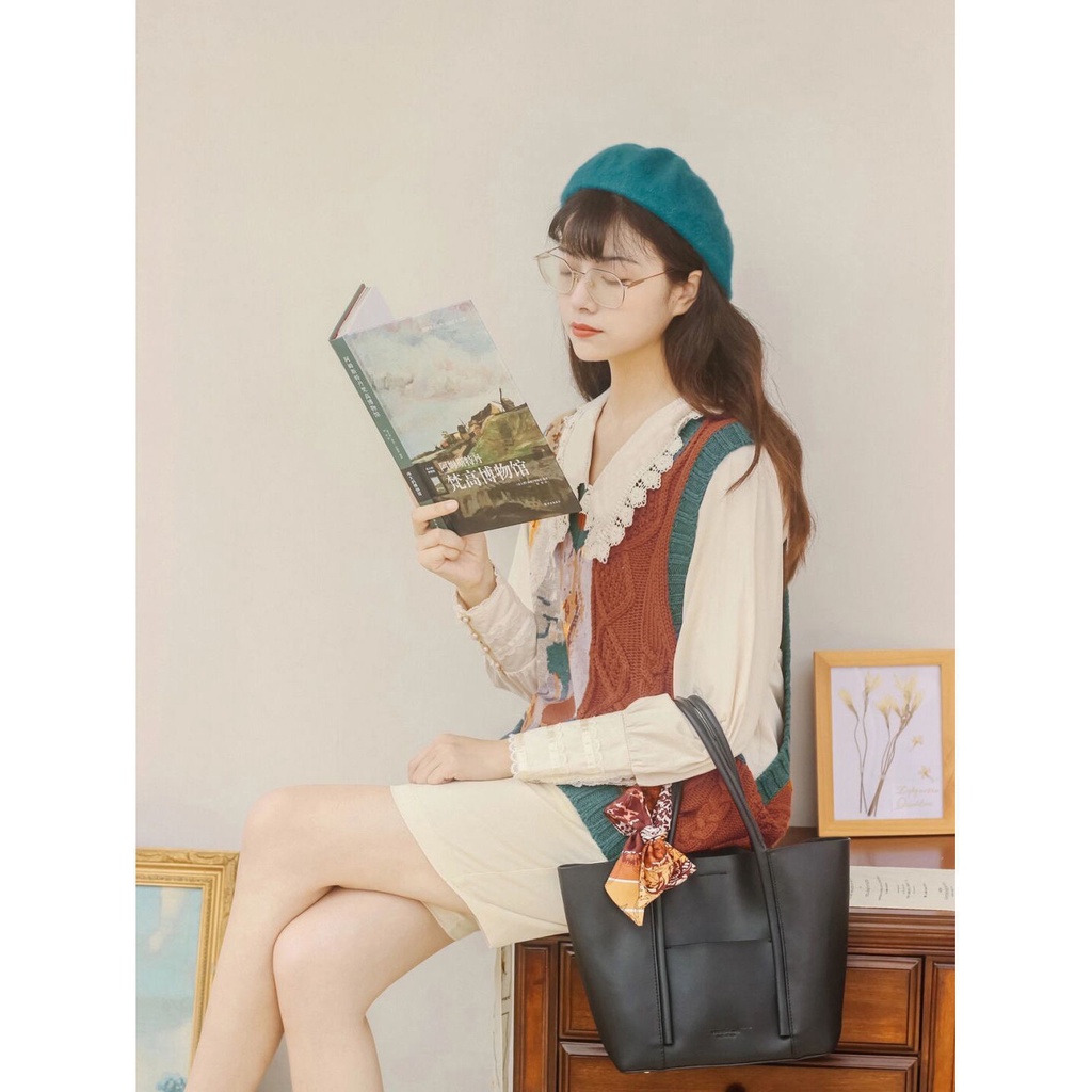 Set áo sơ mi dài tay + áo khoác len không tay phong cách retro dành cho nữ