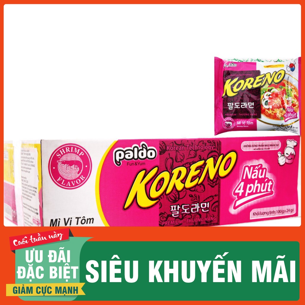 1 Thùng Mì Nấu 4 Phút 24 Gói Koreno Paldo Vị Bò Cay, Gà Hầm, Kim Chi, Hải Sản Cay Gói 100G