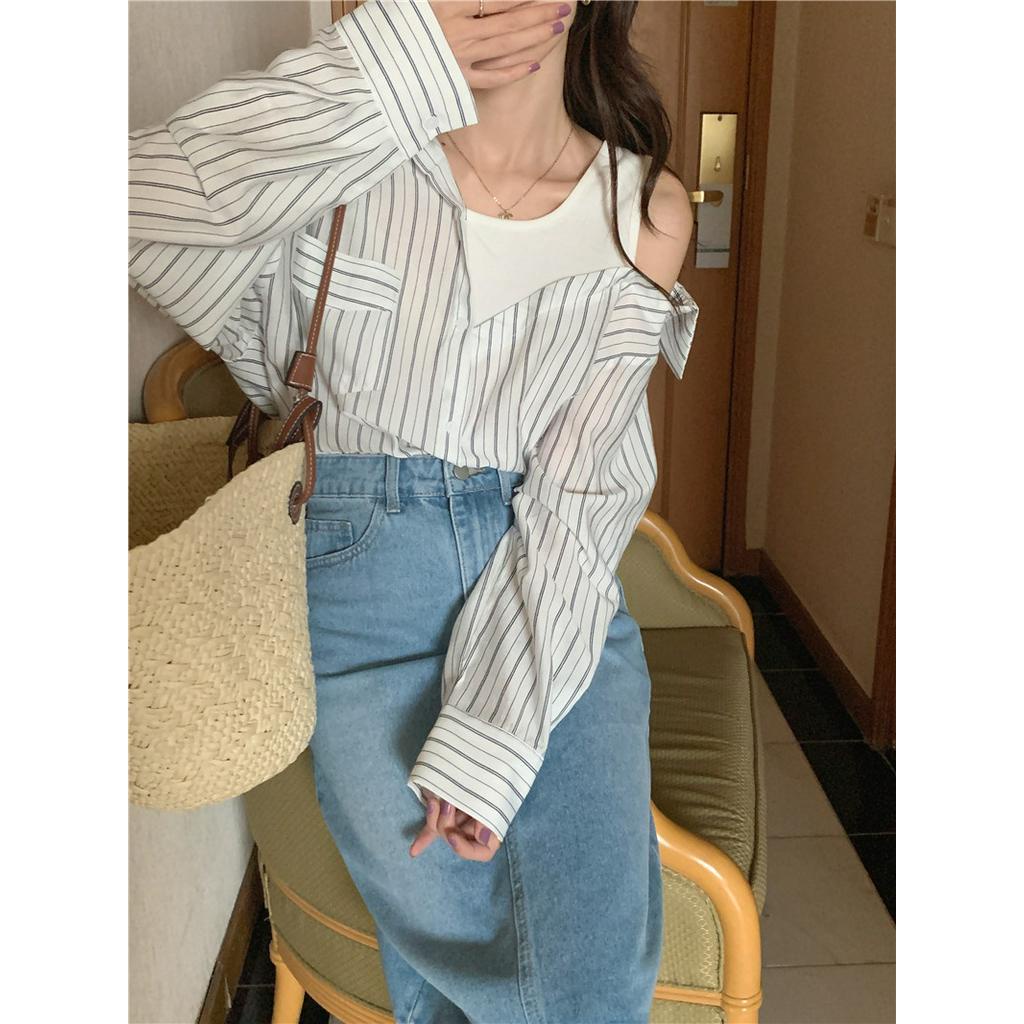 Áo Sơ Mi Kẻ Sọc Dài Tay Phối Lớp Ngoài Phong Cách Hàn Quốc 54450