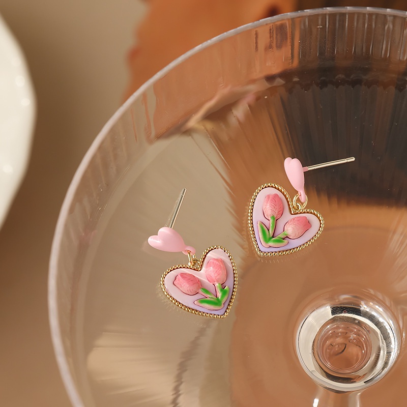 Khuyên Tai Mặt Hình Hoa Tulip Hồng Phong Cách Retro