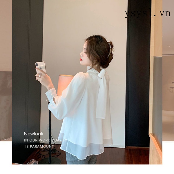 Áo Sơ Mi Tay Dài Che Bụng Thắt Nơ Phía Trước Sau Lưng Phong Cách Pháp Thời Trang Xuân Thu 2021