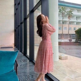 Đầm Chiffon Tay Dài Cổ Chữ V In Họa Tiết Vintage Thời Trang Mùa Hè Hàn Quốc 2022