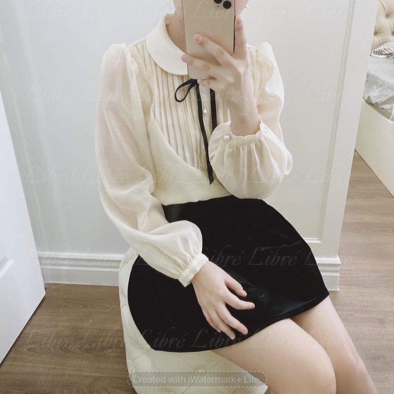 Áo sơ mi cổ sen tròn xếp li ngực tay bồng Ulzzang