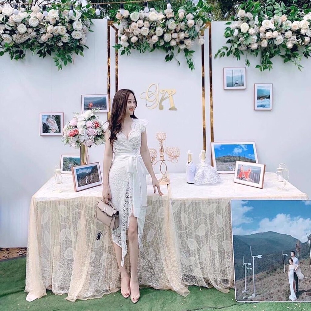 Đầm dự tiệc ren xẻ tà cổ tim dáng dài màu trắng sang chảnh V11