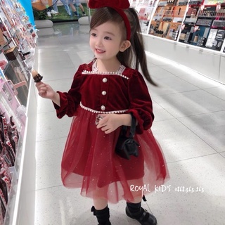 Váy Nhung đính trai , Váy tết cho bé