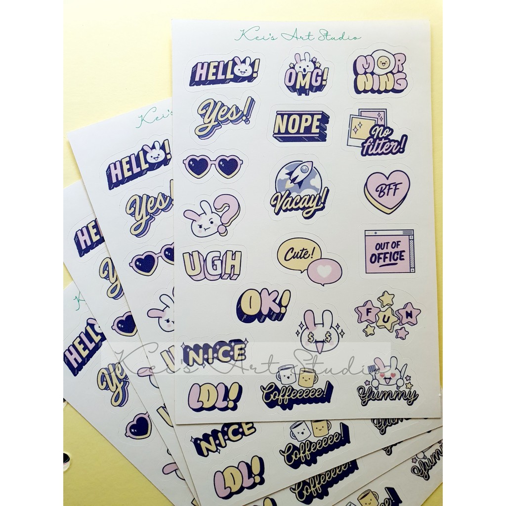 Sticker hàn quốc các thiết kế dễ thương, cô gái, hành tinh, đồ vật,... tone màu hồng tím pastel, galaxy