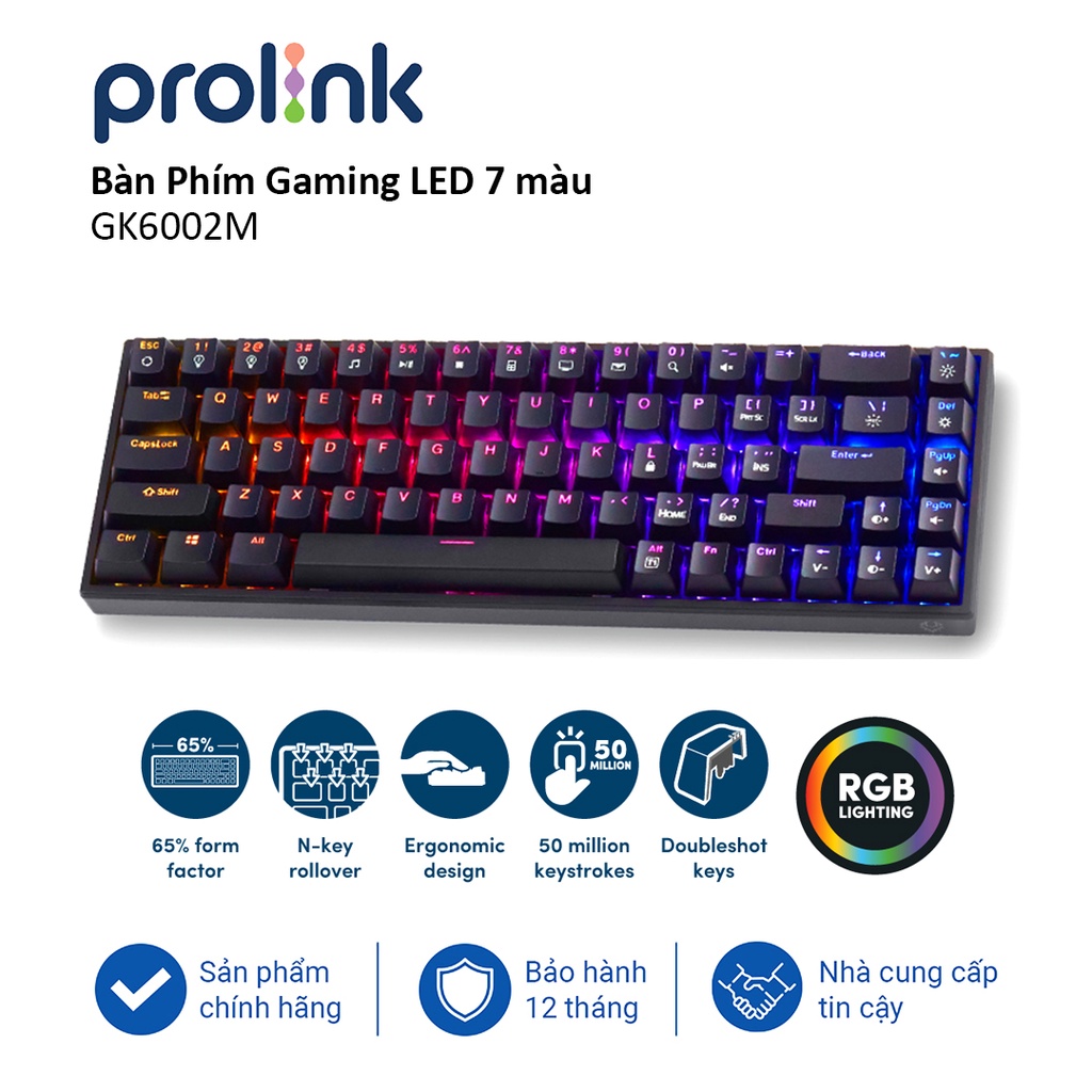 Bàn phím Gaming giả cơ PROLiNK GK6002M có LED 7 màu, độ nhạy cao, dễ vận chuyển chuyên chơi game Esport