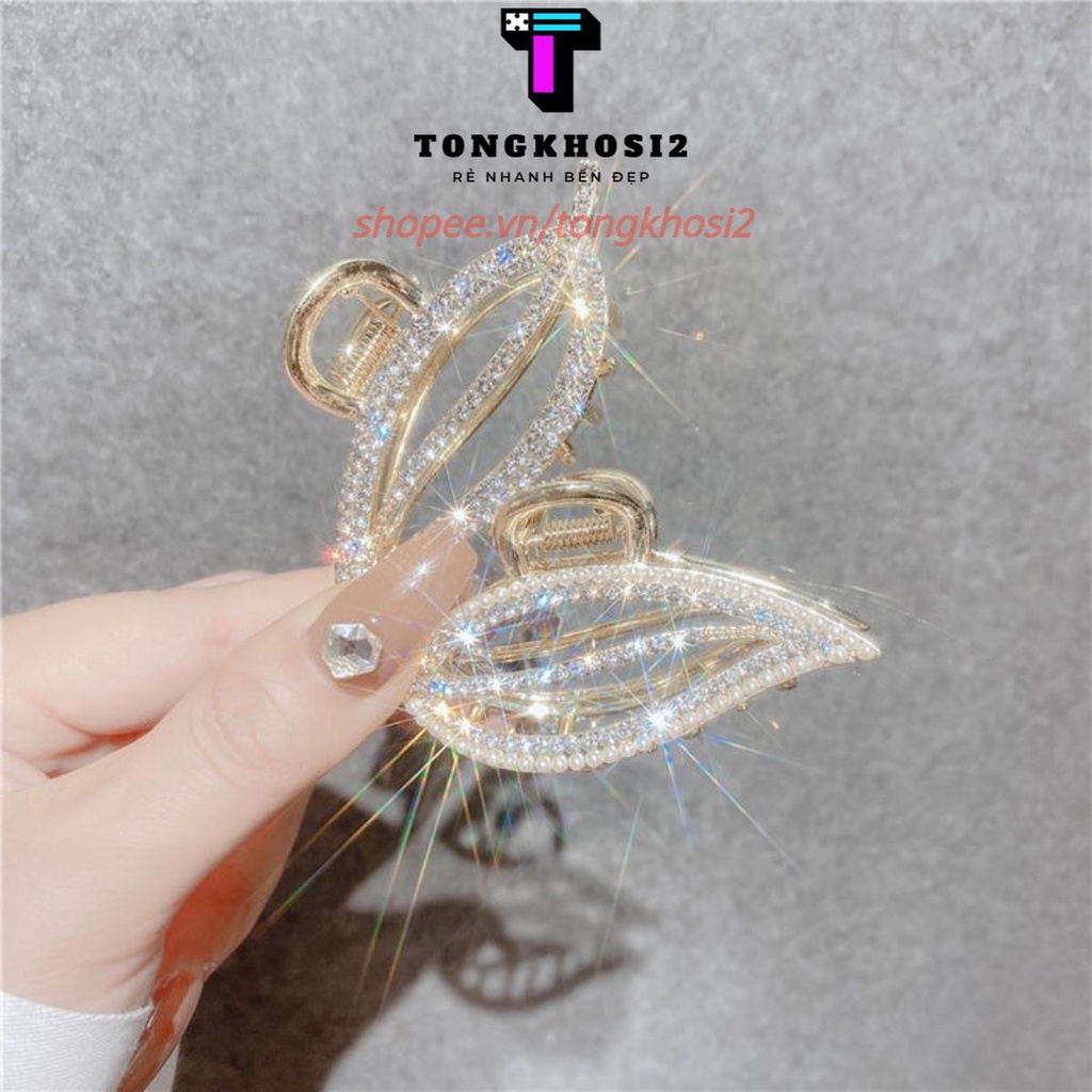 PVN35836 Kẹp tóc hàn quốc kim loại hình chiếc lá đính đá ngọc trai nhân tạo hot trend xinh xắn dành cho nữ T2