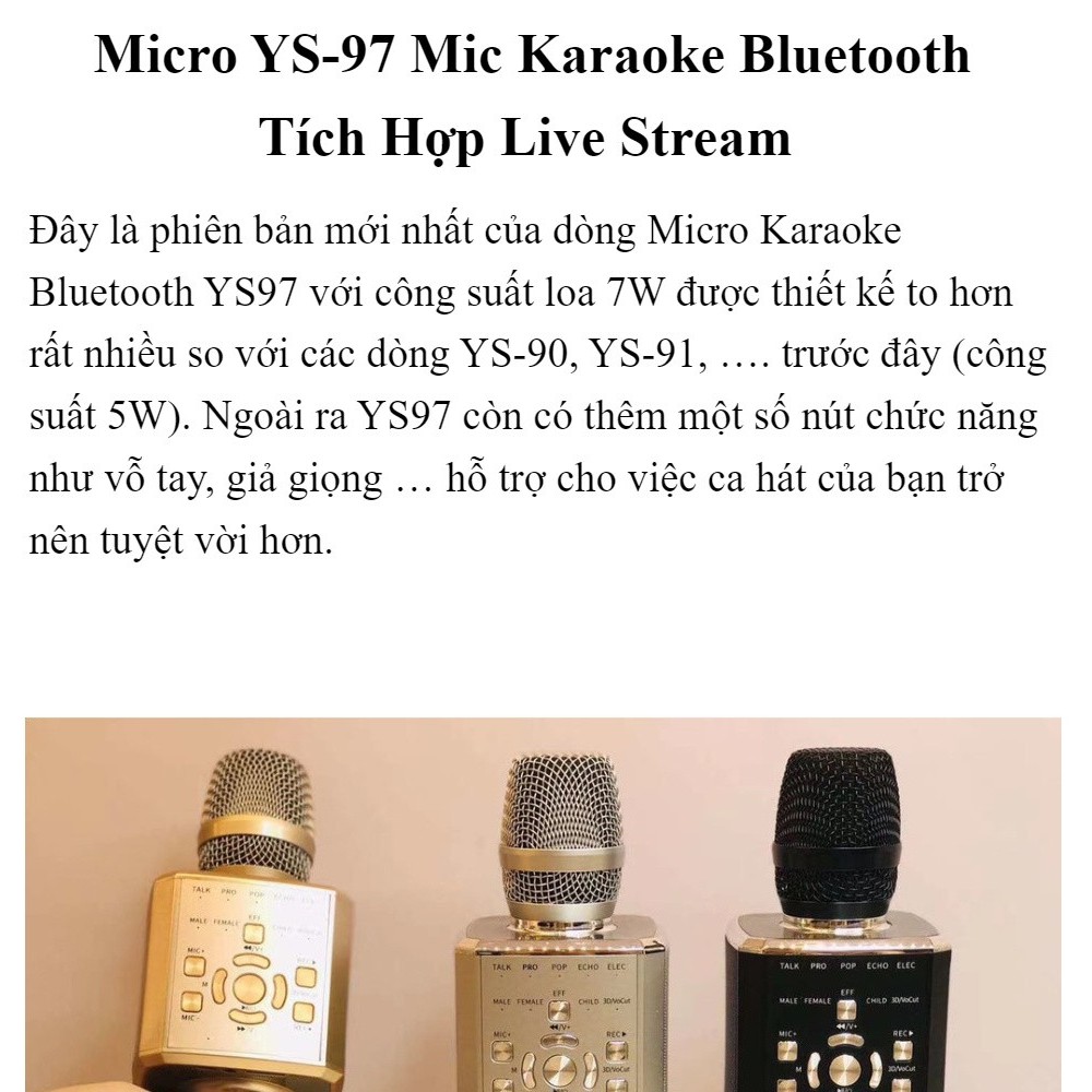 Micro YS-97 Mic karaoke bluetooth tích hợp live stream sound card 3 in 1 cao cấp - Hàng chính hãng