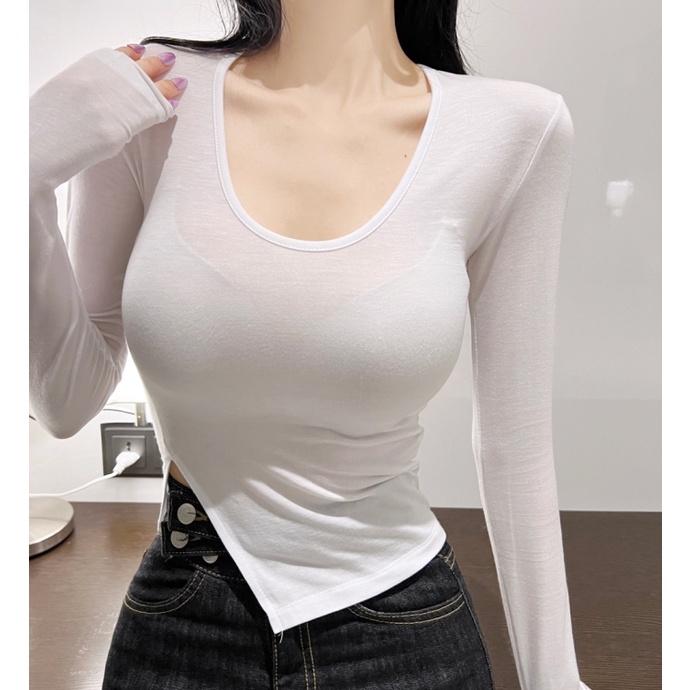 Cocory vn Áo Croptop Tay Dài Cổ Chữ U Màu Trơn Thiết Kế Độc Đáo Thời Trang Quyến Rũ Cho Nữ