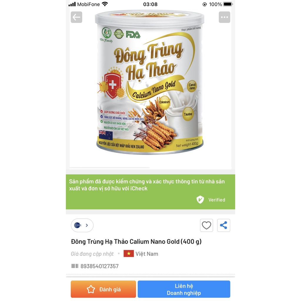Sữa Bột Đông Trùng Hạ Thảo Calcium Nano Gold- Hỗ Trợ Tăng Sức Đề Kháng, Xương Răng Chăc Khỏe, Bồi Bổ Người Mới Ốm Dậy