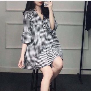 Áo Babydoll caro tay loe cổ V