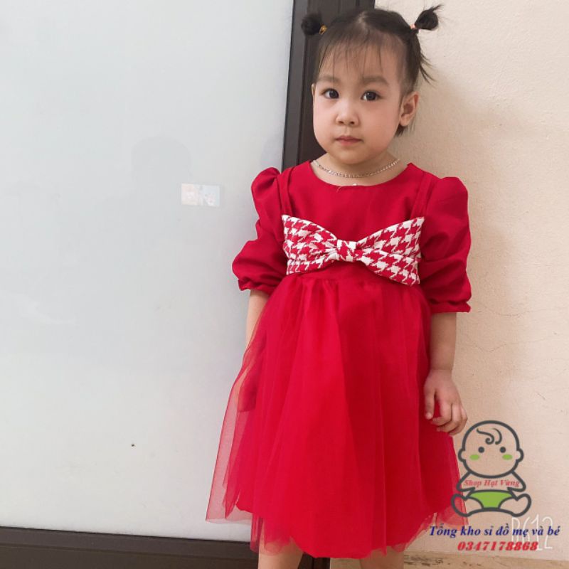 Váy bé gái - Váy dạ nhung nơ ngực siêu xinh cho bé 1-5 Tuổi