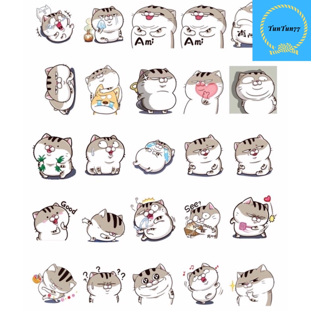 Bộ sticker dán cao cấp mèo Ami bụng bự siêu cute dùng dán xe, dán mũ bảo hiểm, vali, tủ lạnh,...