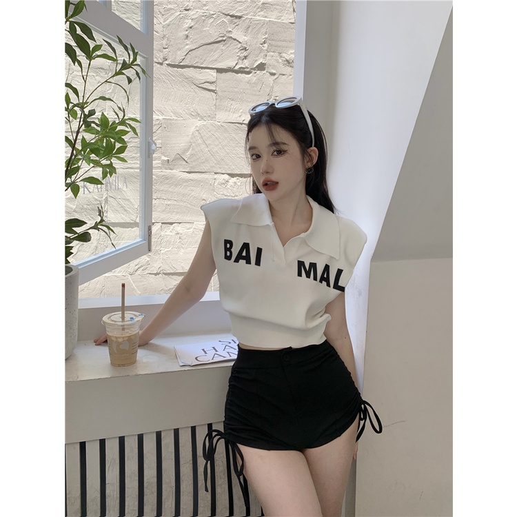 Xiaozhainv Áo Croptop Dệt Kim Sát Nách Cổ Polo In Chữ Thời Trang Mùa Hè Dễ Phối Đồ Với 5 Màu Sắc Lựa Chọn