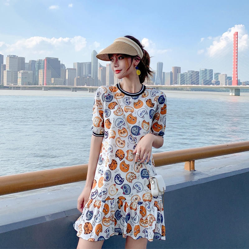 Đầm chữ A IELGY cổ tròn in họa tiết dễ thương size lớn thời trang cho nữ