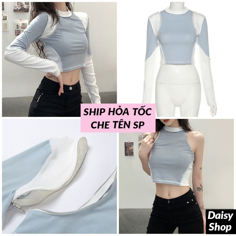 Áo thun nữ croptop 2 cách mặc cá tính sexy - dáng thun cotton tay áo có thể tháo rời