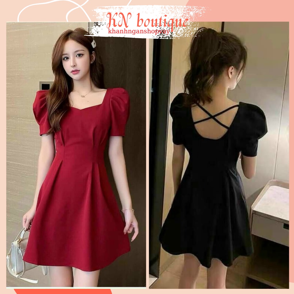 Đầm dự tiệc đỏ đen váy nữ xòe dạo phố tay bồng dây chéo lưng trẻ trung váy xòe dạo phố đầm công sở K N Boutique