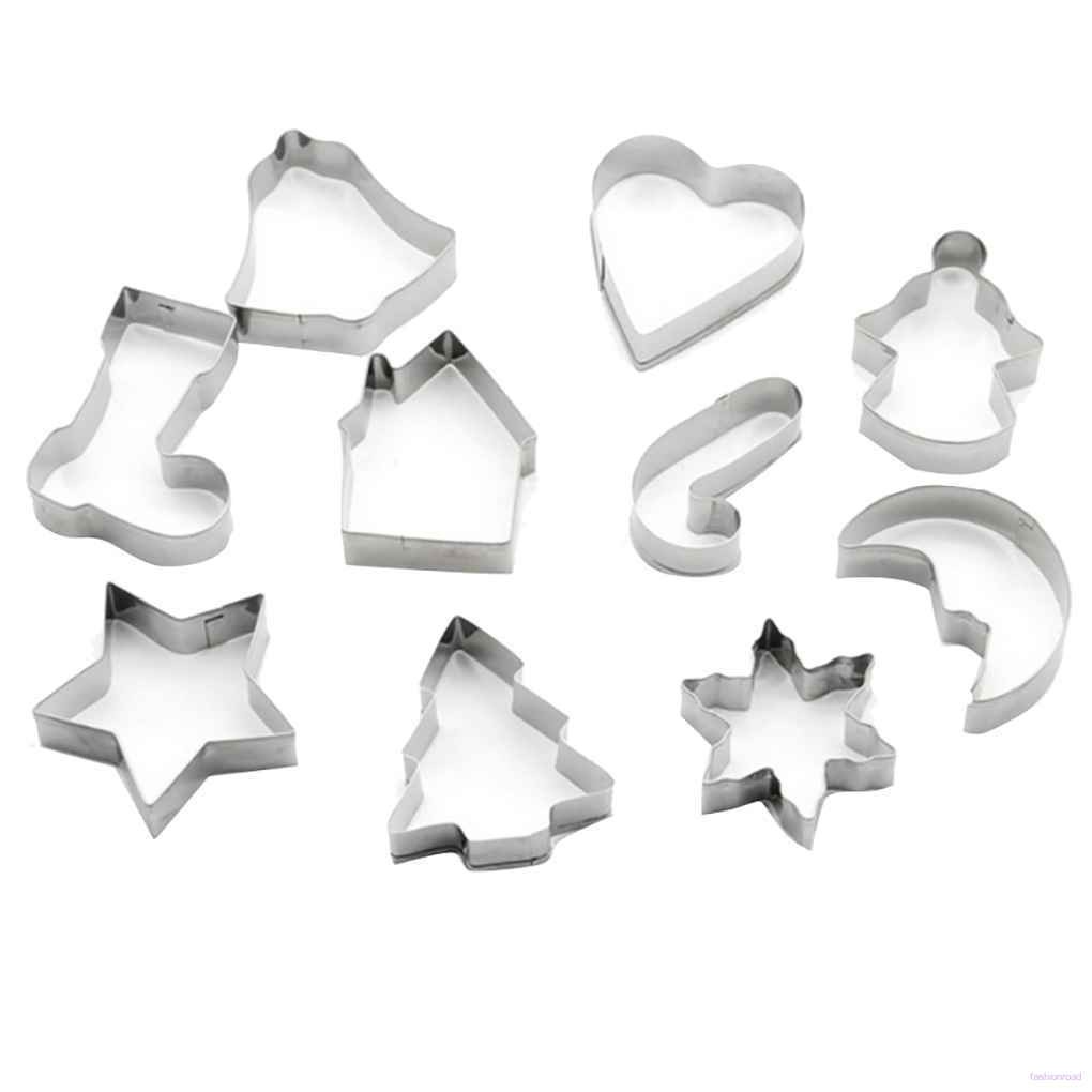 10pcs/set Stainless Steel Christmas Cookie Cutters Xmas Tree Star House Bells Snowflake Baking Cake Biscuit Fondant Mold fashionroad.vn