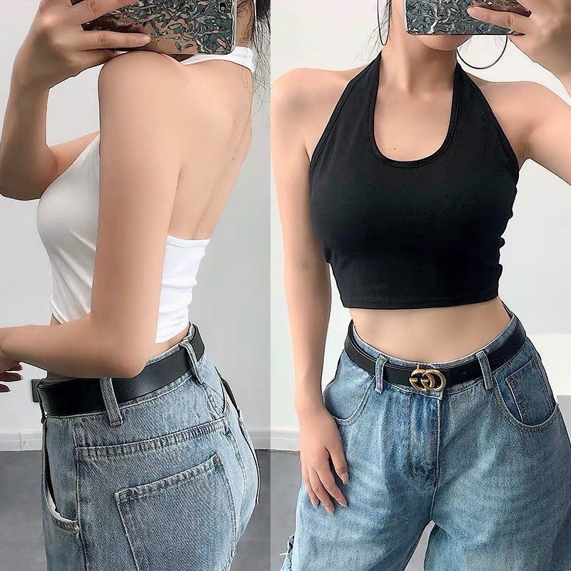 Áo yếm croptop tròng cổ sexy JOY BABEcá tính chất ngầu  áo kiểu ba lỗ trắng đen cộc tay basic trơn, ba lo lổ hở CROB 2