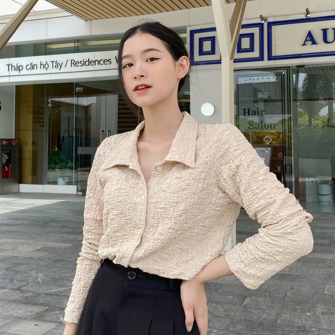 YU CHERRY | Áo sơmi nữ chất vải thun gân cách điệu Pattern Spandex Shirt YA378