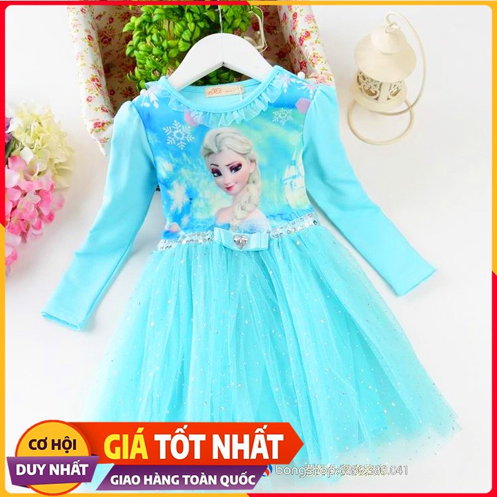 Váy Đầm Elsa Dài Tay Cho Bé Gái Màu Xanh Đủ Size 110 - 150