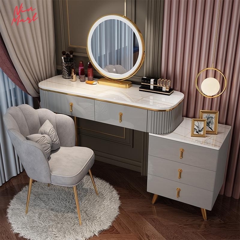Bàn trang điểm Bàn phấn kèm gương và ghế phong cách Châu Âu đèn led cảm ứng 3 màu