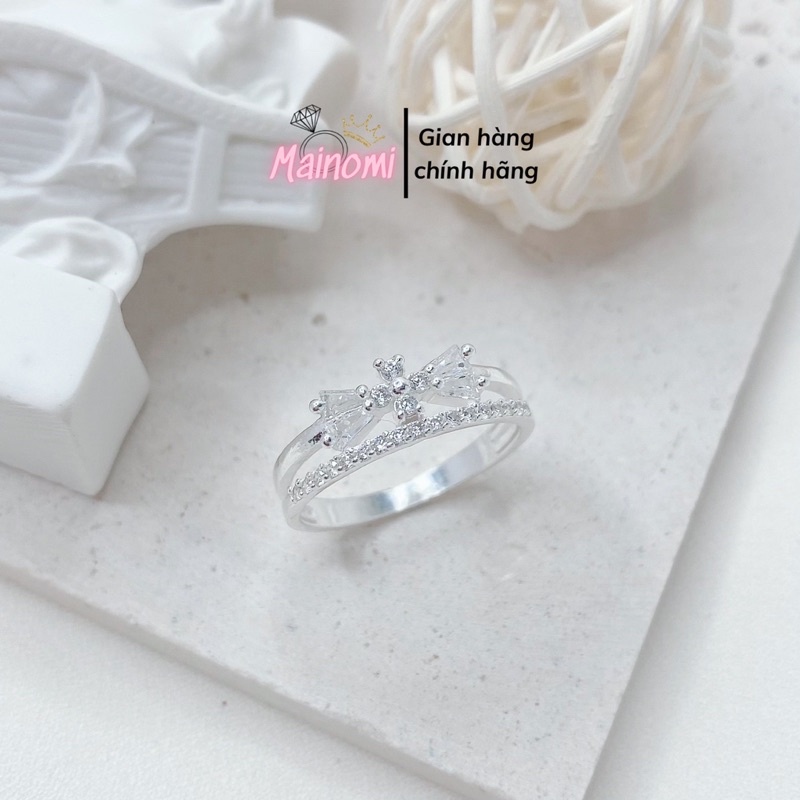 Nhẫn nữ hình nơ kép MAINOMI mã kèm quà tặng, xinh xắn chuẩn bạc thiết kế độc đáo