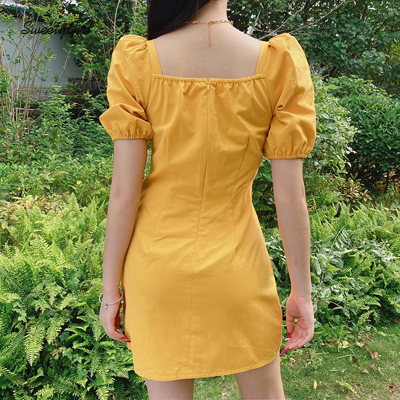 Đầm Tay Ngắn Cổ Chữ V Màu Trơn Thời Trang Đường Phố Dành Cho Nữ