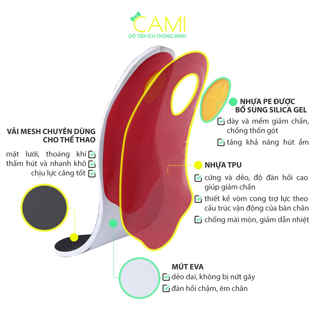 Lót giày EVA vòm cao giảm mỏi lòng bàn chân bị bẹt và có đệm chống thốn gót chân - Cami - V01PK179