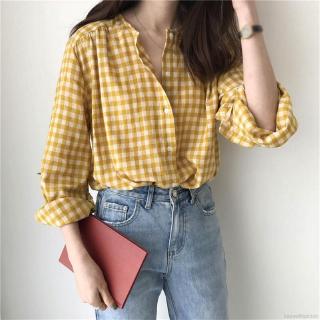 Áo sơ mi họa tiết ca rô tay dài dáng rộng cổ tròn phong cách Hàn Quốc dành cho nữ