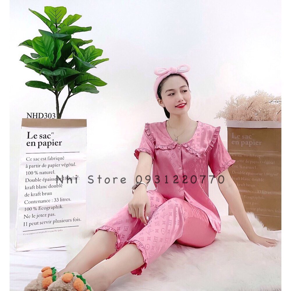 [FREESHIP 50K] Đồ Bộ Nhà Pijama NHISTORE Quần Dài Tay Ngắn Vải Gấm Satin Cổ Bèo Dễ Thương Freesize 45-57kg